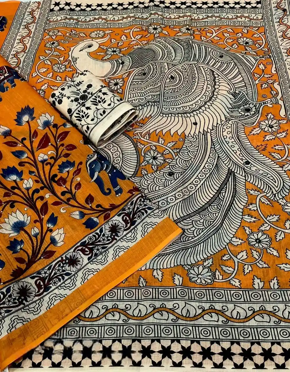 Linen Kalamkari Style Printed Saree - Mustard Yellow